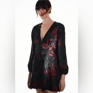 Zara Floral Mini Dress Small Black Red V Neck Long Sleeve Chic